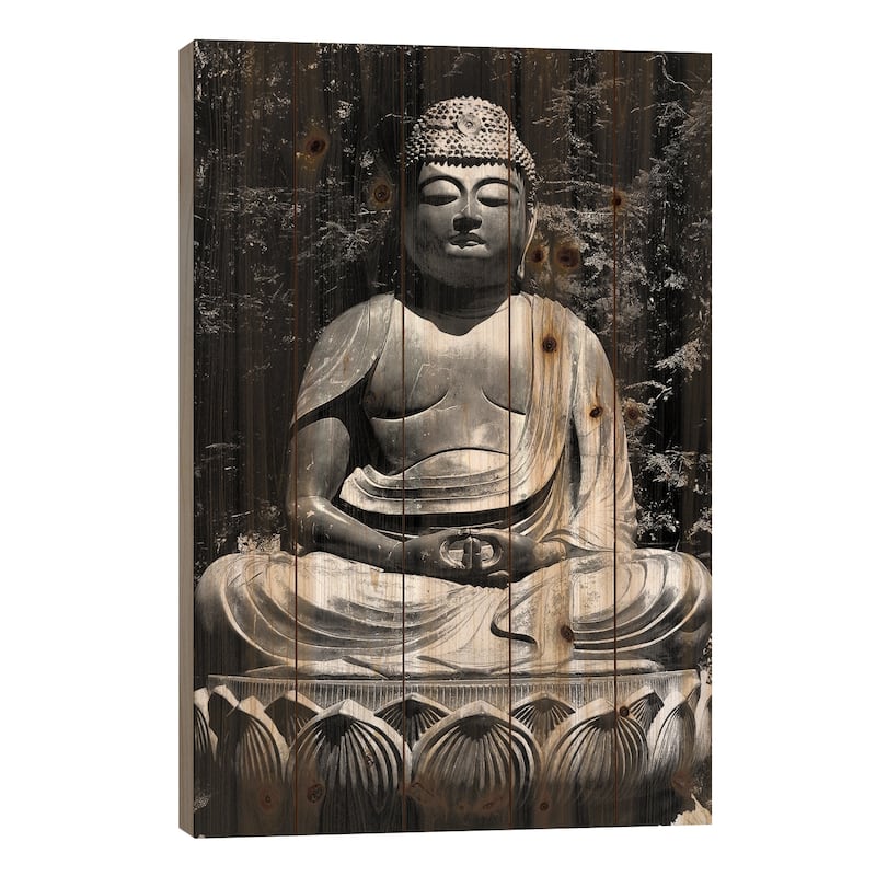 Asian Buddha Print On Wood by Unknown Artist - Multi-Color - 40x26x1.5