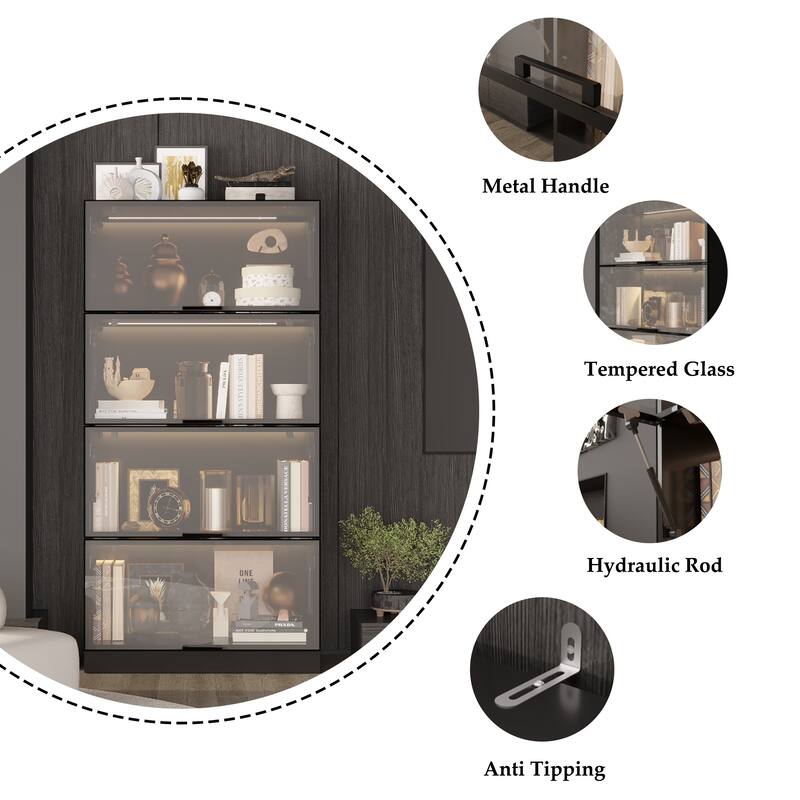 63"H 4-Tier Tall Bookshelf Bookcase with Glass Doors and LED Light