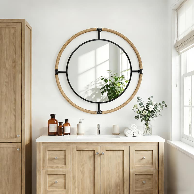 Coastal Rope & Iron Round Wall Mirror Hanging Decor for Living Room - 32"X32"