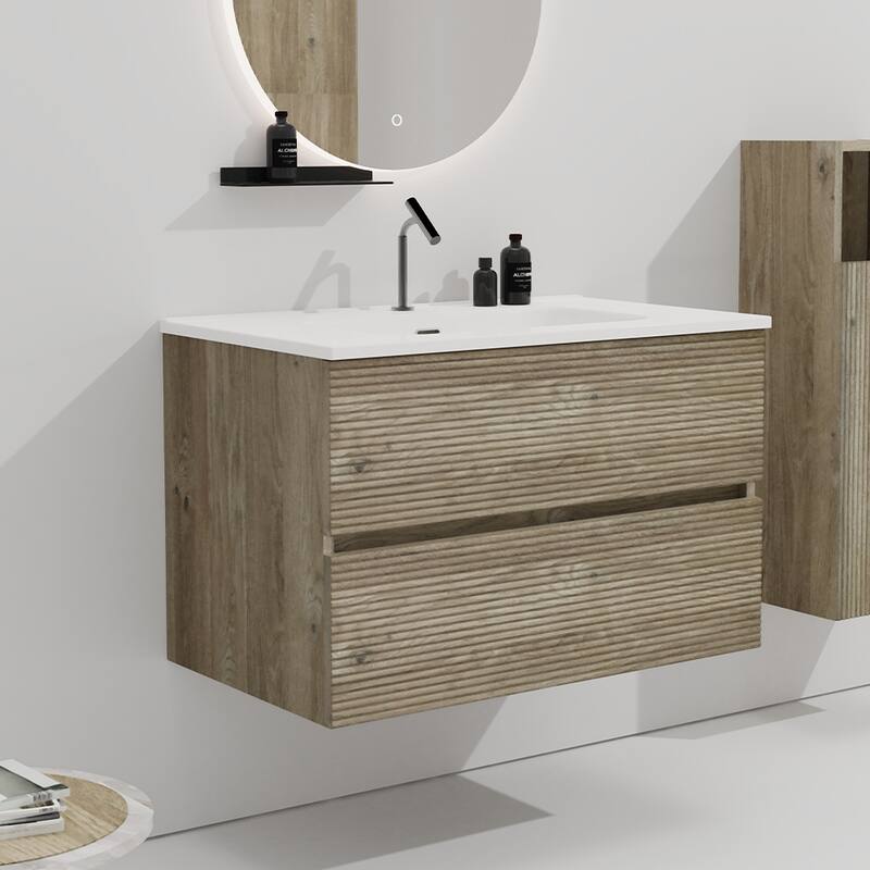30" Wall-Mounted Bathroom Vanity with Integrated Ceramic Sink & Overflow, Large Storage Floating Cabinet - Grey + Oak