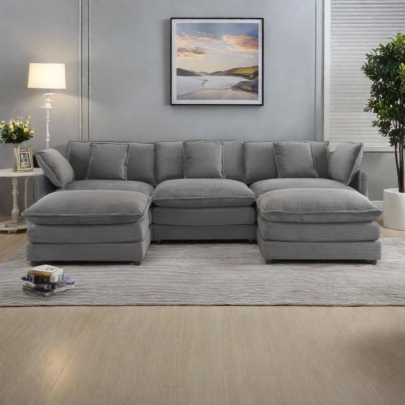 112.6" Corduroy Modular Sectional Sofa with Ottoman and Storage Pockets - DARK GREY
