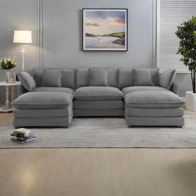 112.6" Corduroy Modular Sectional Sofa with Ottoman and Storage Pockets