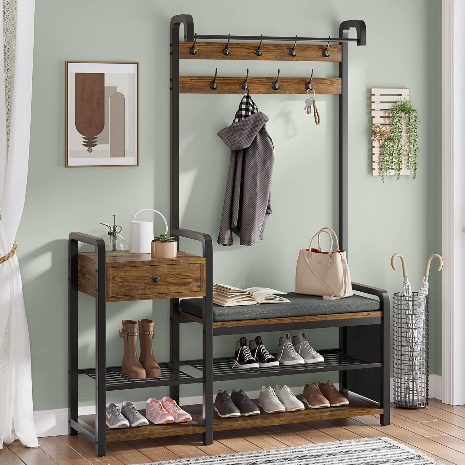 Entryway bench with storage and coat rack top
