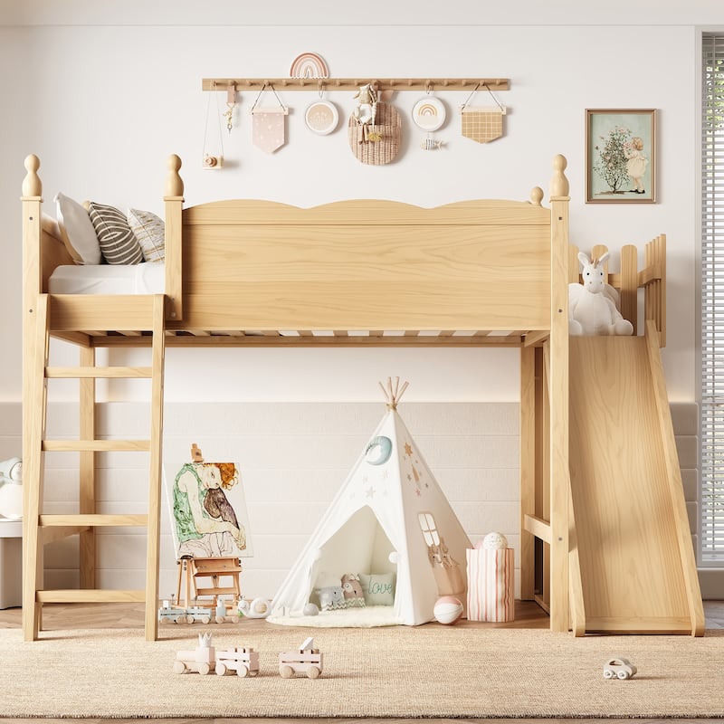 Queen/Full Size Solid Wood Loft Bed with Slide, Storage Shelves, Cabinet, Ladder & Play Area, No Box Spring Needed