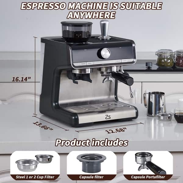 dimension image slide 1 of 2, 20 BAR Semi-Automatic Espresso Machine with Built-in Grinder Milk Steamer