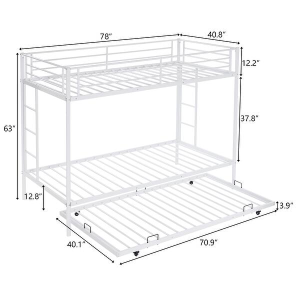 dimension image slide 1 of 3, Twin Over Twin Bunk Bed with Trundle, Metal Bunk Bed with Two Side Ladder and Guardrails