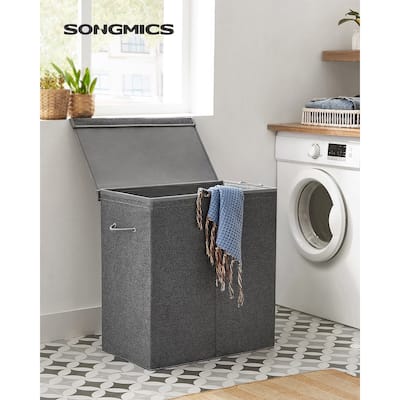 SONGMICS 37.5 Gal. Foldable Laundry Basket with 2 Compartments, Magnetic Lid and Handles, Removable Liner Bag
