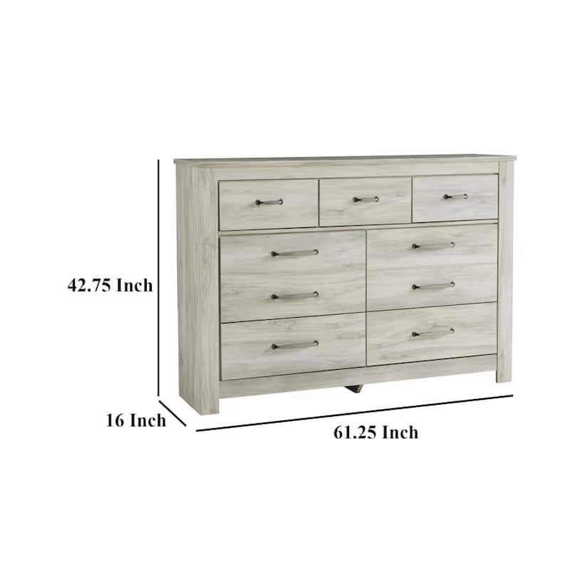 Simon Wide Dresser, 7 Drawers, Laminate Rustic Gray Whitewash Finish
