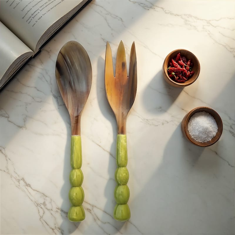 2-Piece Natural Horn Salad Server Set with Marbled Resin Handles - Green - 12.0"L x 2.5"W x 1.25"H - Green