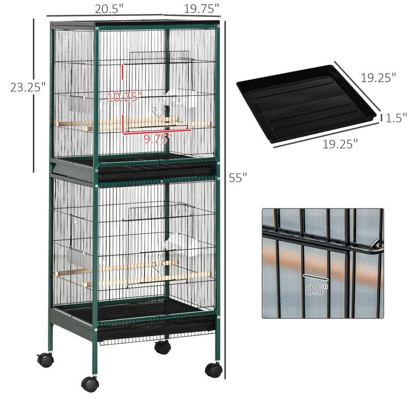 Large Bird Cage with Wheels, Pull-Out Tray, and Perches - 20.5" W x 19.75" D x 55" H