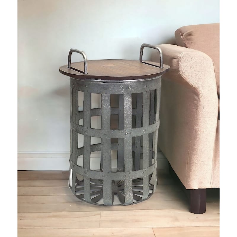 Brown Wood Tray Top End Table Set of 2 with Grey Metal Base - 11” x 11” x 15.5” (D x W x H)