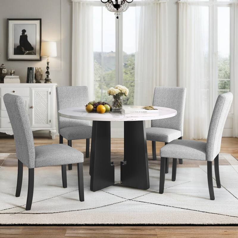 5-Piece Round Dining Table Set with Marble Veneer Table & Upholstered Chairs, Kitchen Set H-shape Legs, Adjustable Feet - White+gray