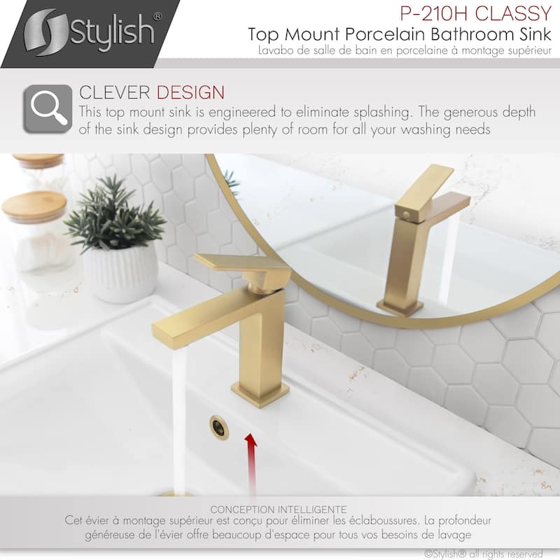 STYLISH 20 1/4 inch Rectangular Undermount Porcelain Bathroom Sink with two Overflow Finishes included - 20 1/4" x 16" x 6 1/4"