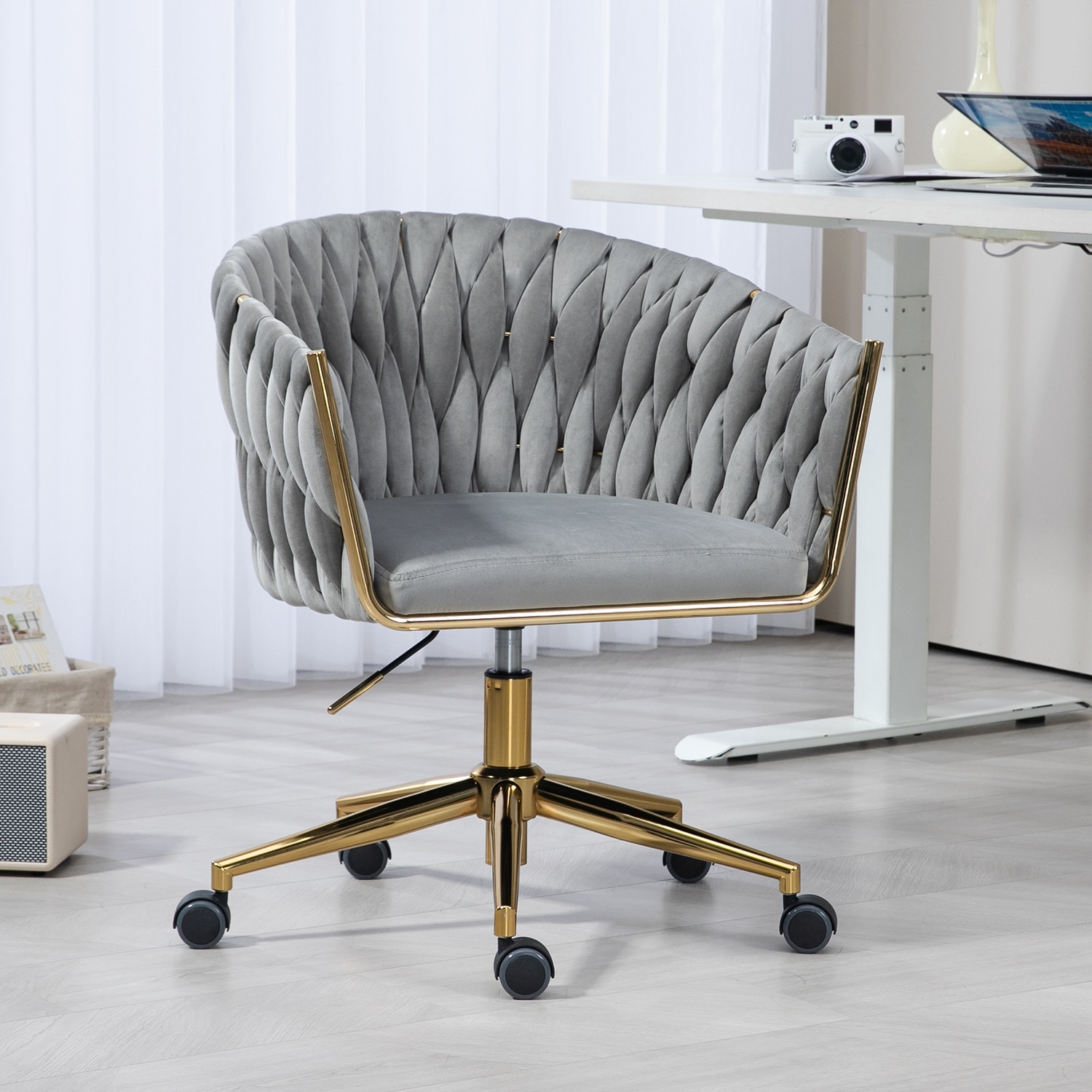 Grey Vanity Chairs Velvet Swivel Desk Chair with Wheels 360 Swivel