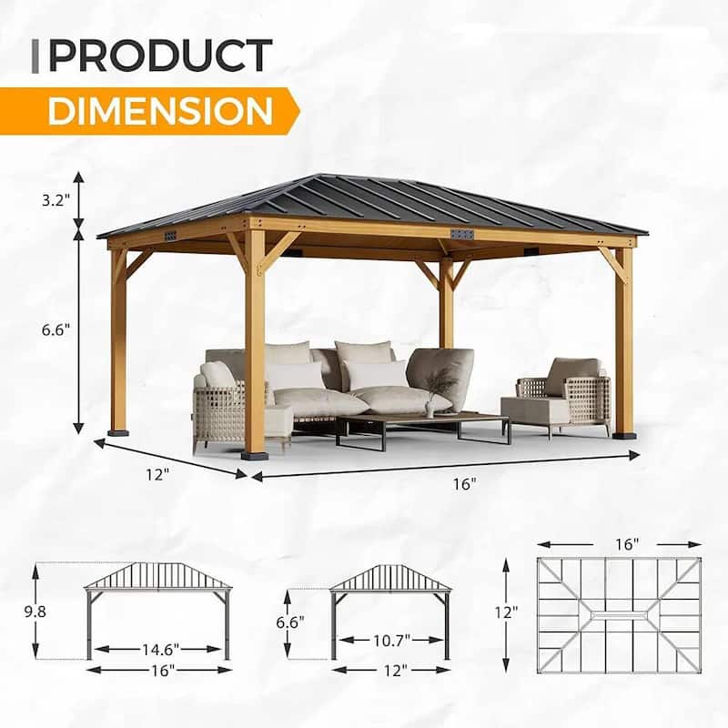 Hardtop Wood Gazebo for Patio, Outdoor Cedar/Spruce Pergola with Metal or Asphalt Roof, All-Weather Backyard Shelter