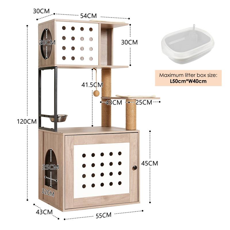 Cat Tree with Litter Box Enclosure, All-in-one Cat Tower for Indoor Cats with Large Hammock, Bed, Food Station, Scratching Posts