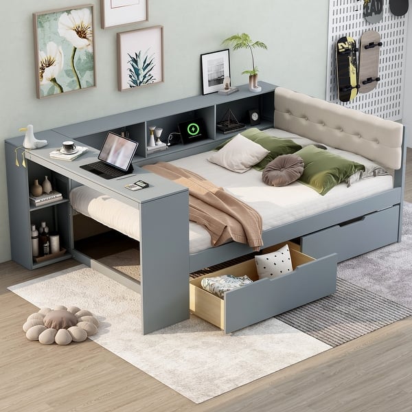 slide 2 of 18, Full Size Wood Platform Bed with Storage Shelves, Drawers, Charging Station and Upholstered Headboard, Gray Grey