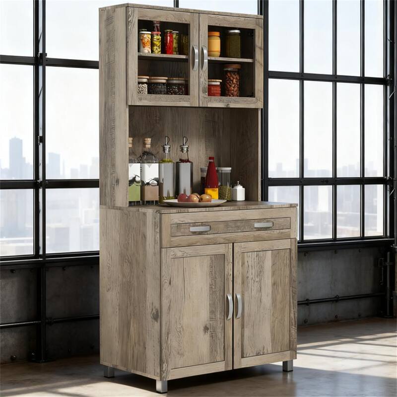 Modern Freestanding Kitchen Pantry with Hutch and Glass Doors