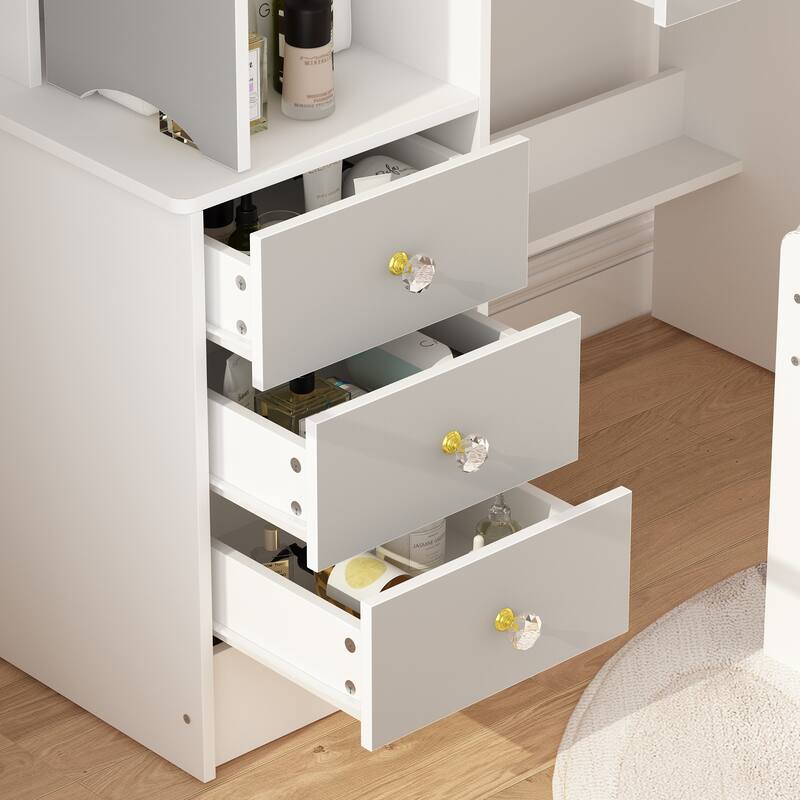 Makeup Vanity Set with Sliding Lighted Mirror & Stool - Hidden Shelves - 33"L x 15.7"W x 52.4"H