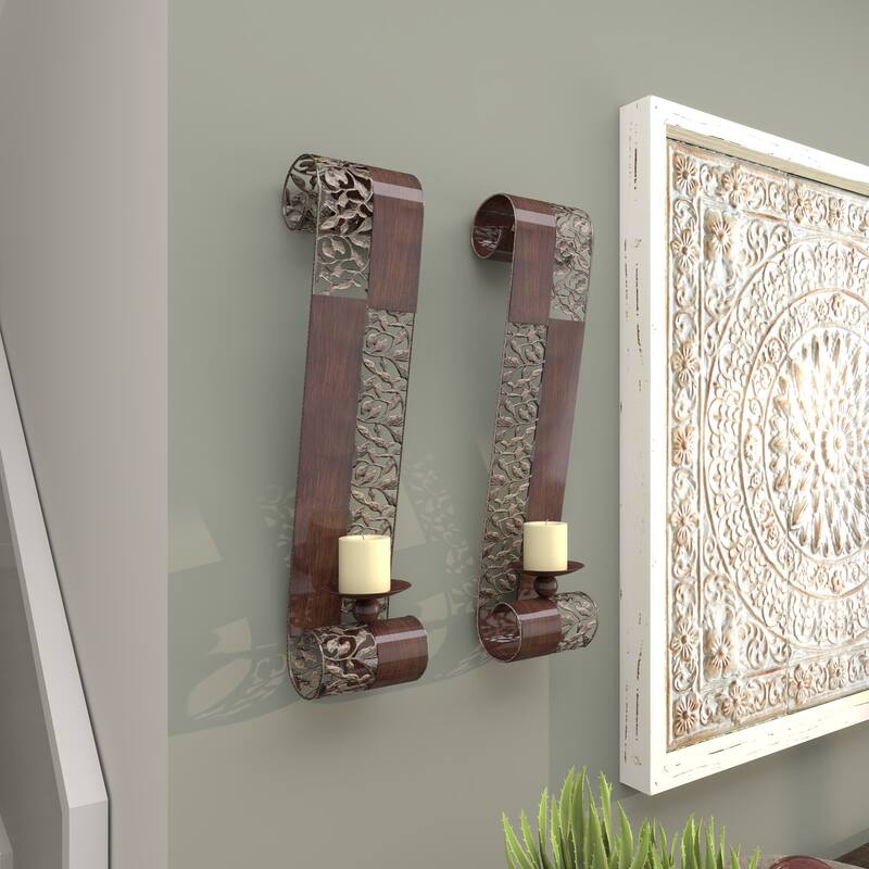 Brown Metal Cutout Leaf Wall Sconce with Scrolled Edges (Set of 2) - S/2 21"H, 4"W