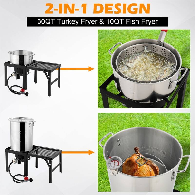 30QT Turkey Fryer And 10QT Fish Fryer Kit With Propane Stove And Foldable Side Table - N/A