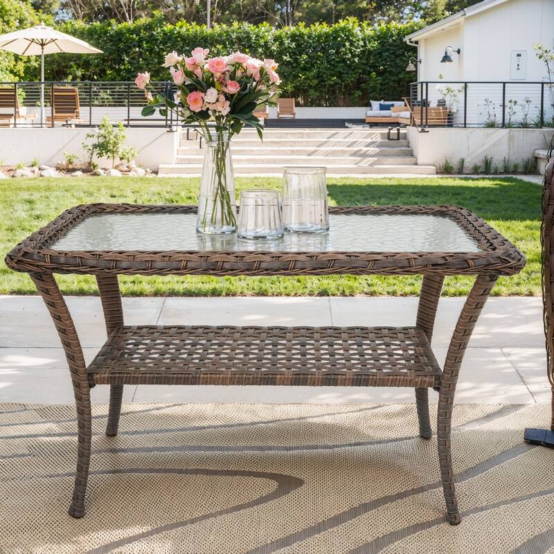 All Weather Resin Rattan Patio Glass Coffee Table - Brown