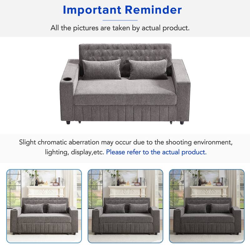 61.41" Chenille Convertible Sofa Bed with Adjustable Backrest, USB & Cup Holders