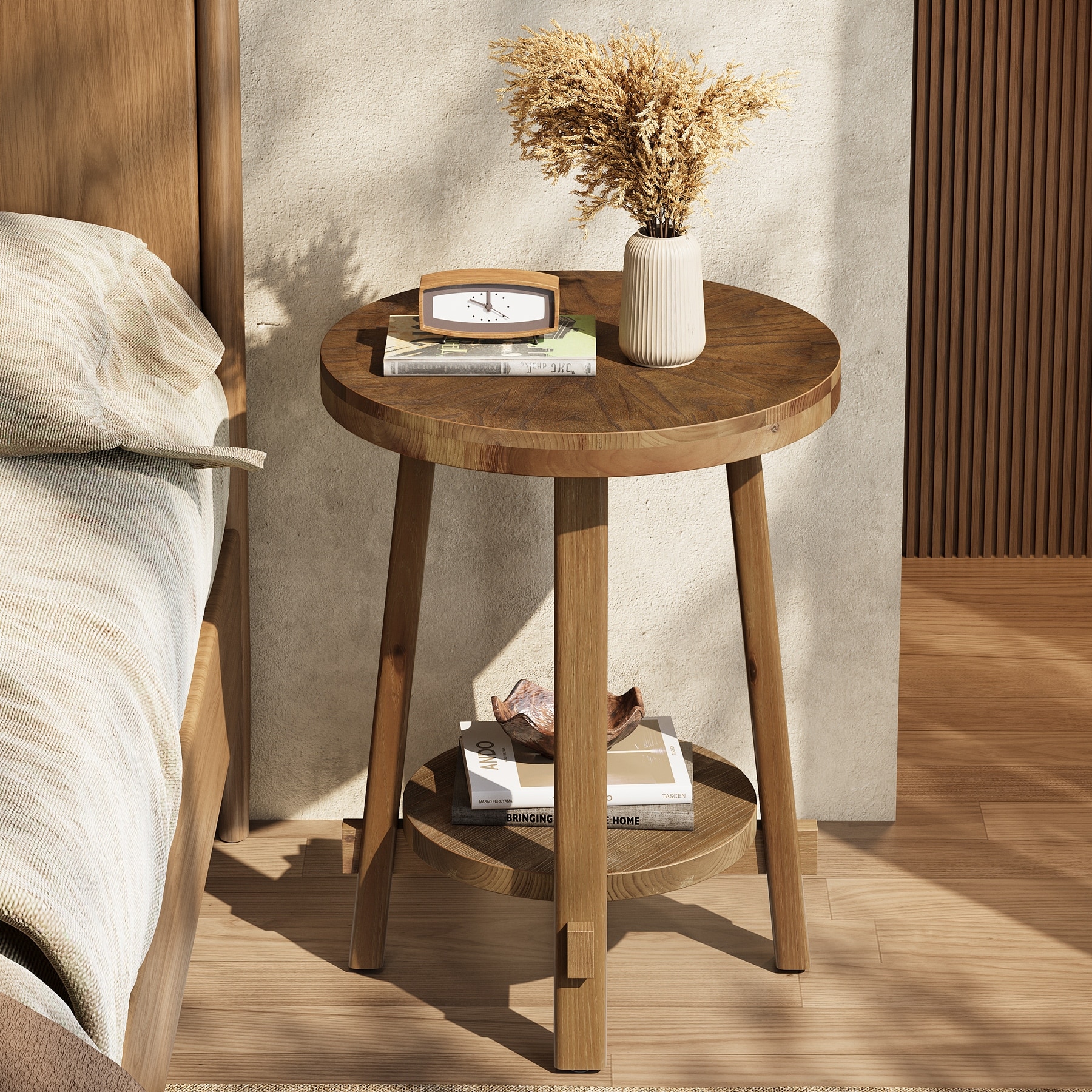 Solid Wood Side Table, Round End Tables with 2-tier Storage - 19.69" D x 19.69" W x 25.98" H