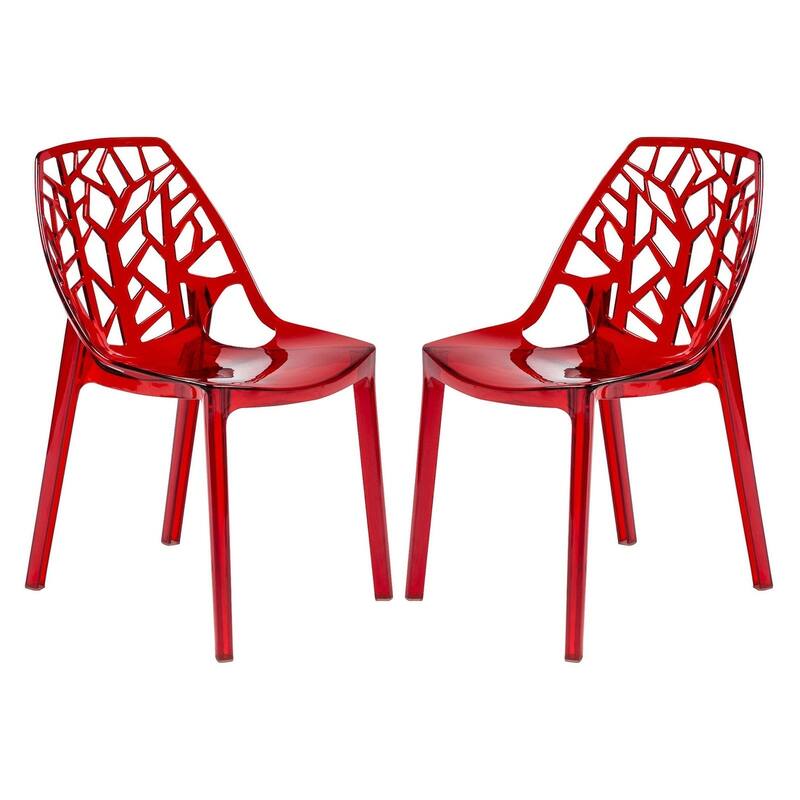 Stackable Dining Chair in Polypropylene (Set of 2) Modern Cut-out Design Backrest Accent Side Chair - Transparent Red