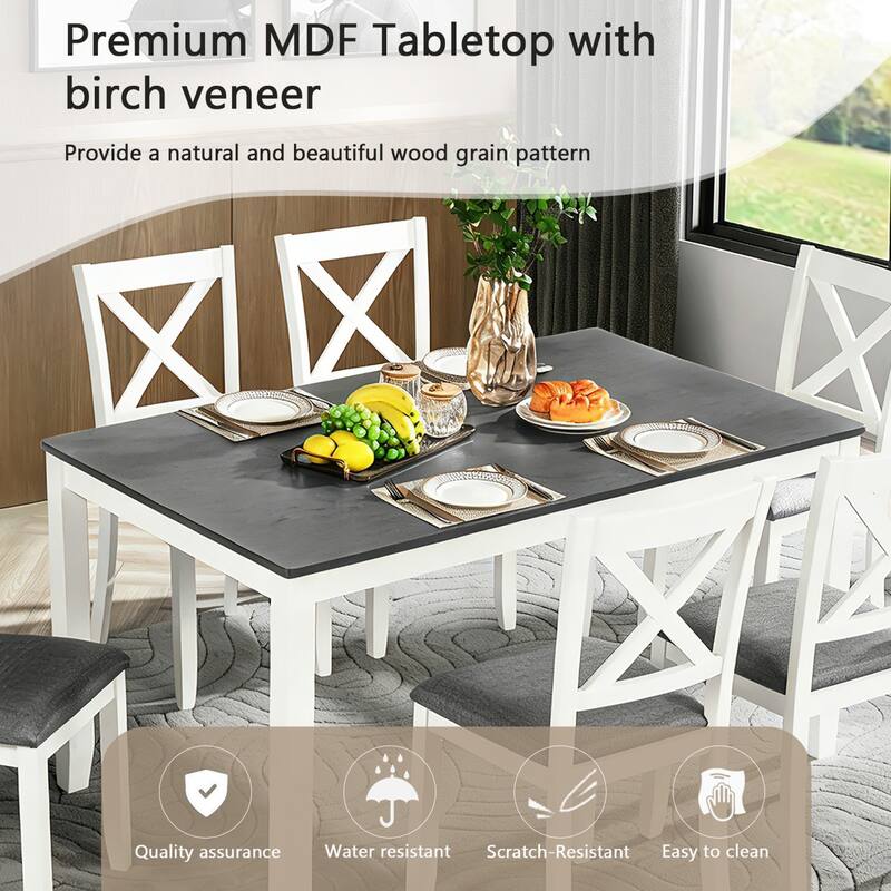 7-Piece Dining Set, 58.5" Wood Dining Table with 6 Padded Chairs