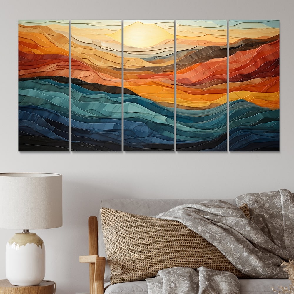 Designart "Coral Teal Bold Mountains Landscape" Modern Multipanel Canvas Wall Art set