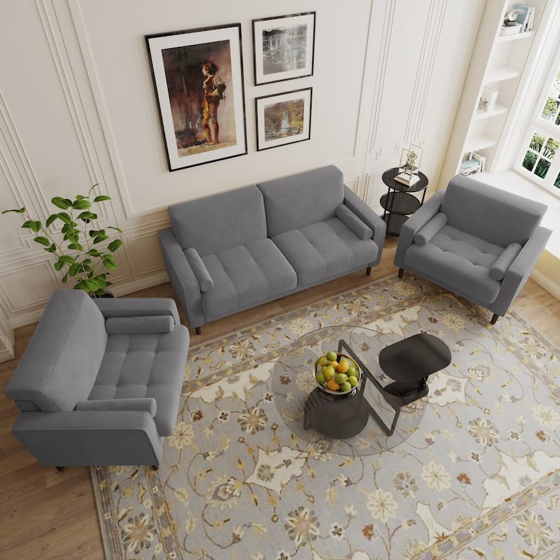 3-Piece Corduroy Tufted Club Armchair and Loveseat Set for Living Room