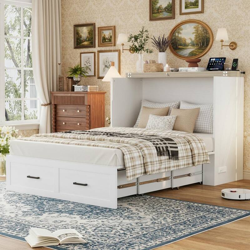Rustic Fold-Out Murphy Cabinet Bed with Charging Ports & Deep Storage Drawer by Harper&Bright Designs - White - Full