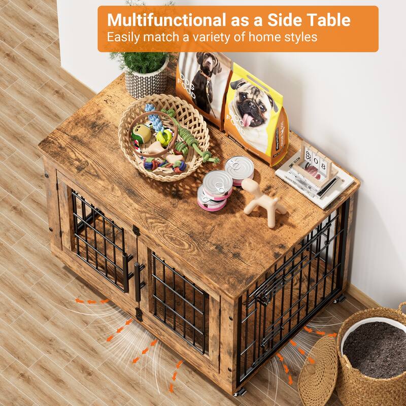Dog Crate Indoor Heavy Duty Double Doors Wooden Dog Cage with Cushion
