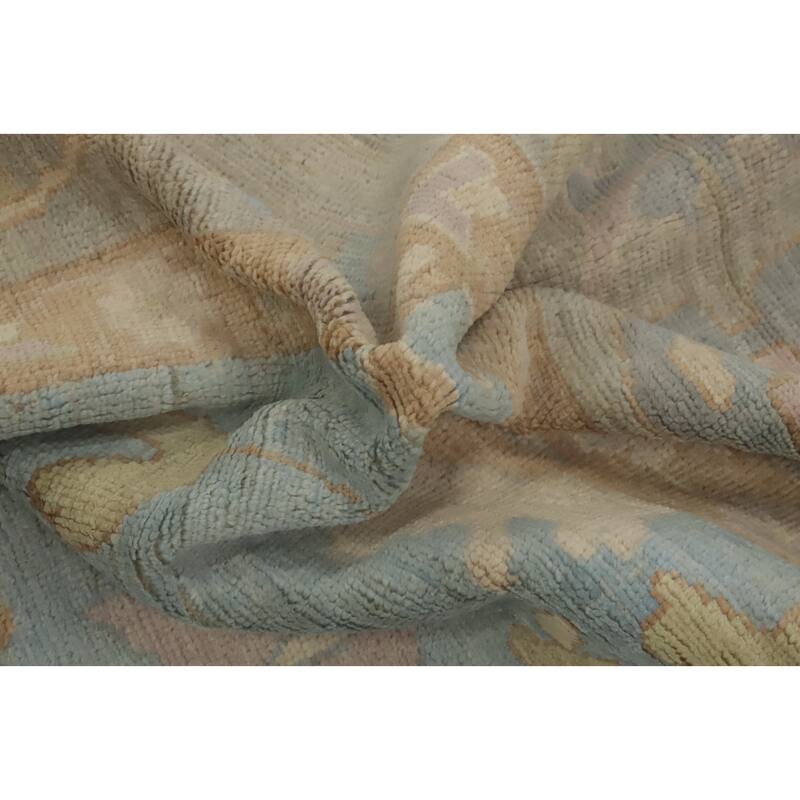 Handmade Blue Oushak Vegetable Dye Large Rug, Flora Geometric Carpet - 13' 8'' X 9' 10''
