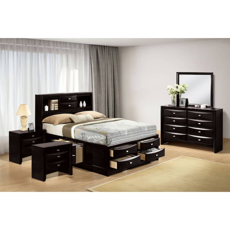 Furniture of America Brent 5-Piece Wood Platform Bedroom Set with Drawers and Bookcase Headboard - Black - Queen