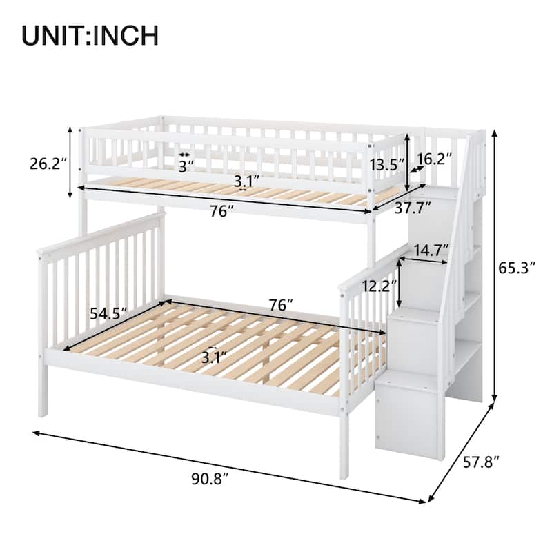 Twin over Full Stairway Bunk Bed with storage, White