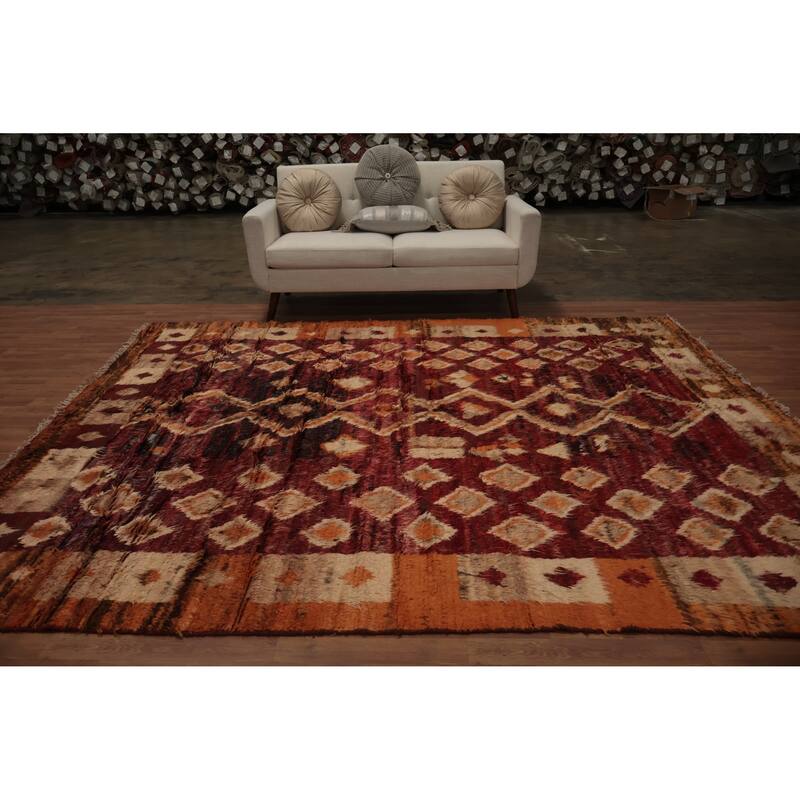 Hand Knotted Oriental 100% Wool Carpet Modern Tribal Red Moroccan Area Rug - 9' 10'' X 8' 2''