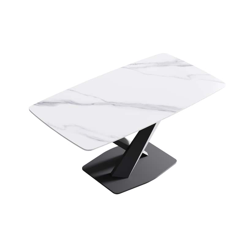 63" Modern Rectangular Sintered Stone Dining Table with Black X-Shaped Carbon Steel Legs