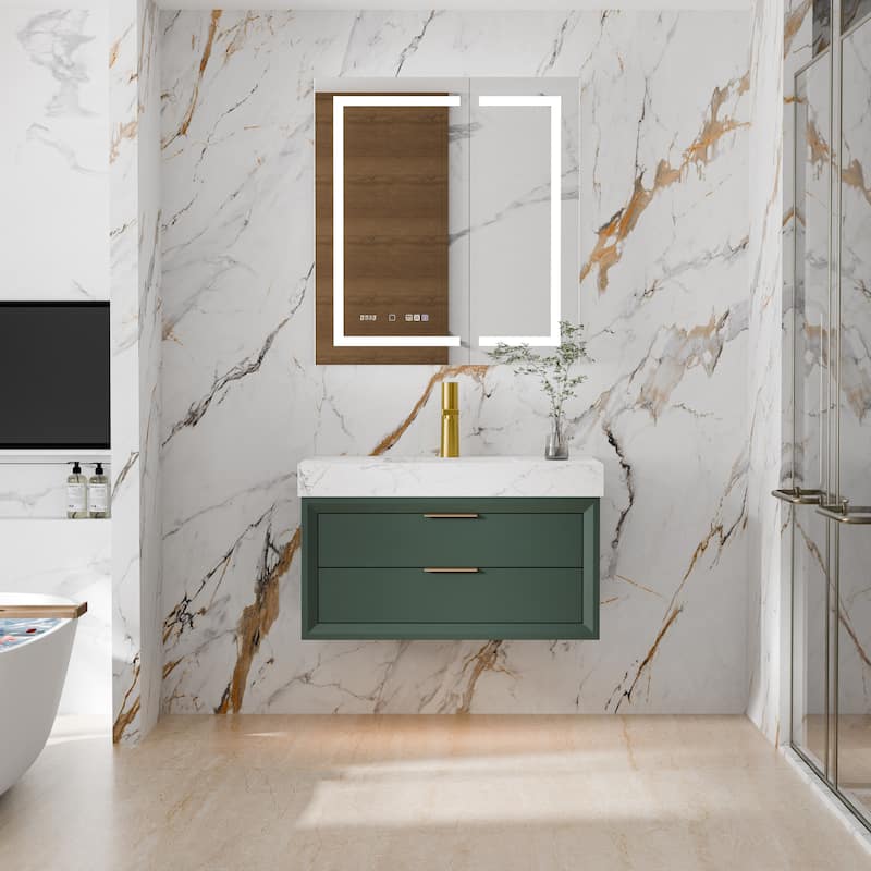 Modland 36" Wall-Mount Vanity with LED Light & 2 Soft-Close Drawers - Solid Oak, Black,White,Blue,Green - 36 inch