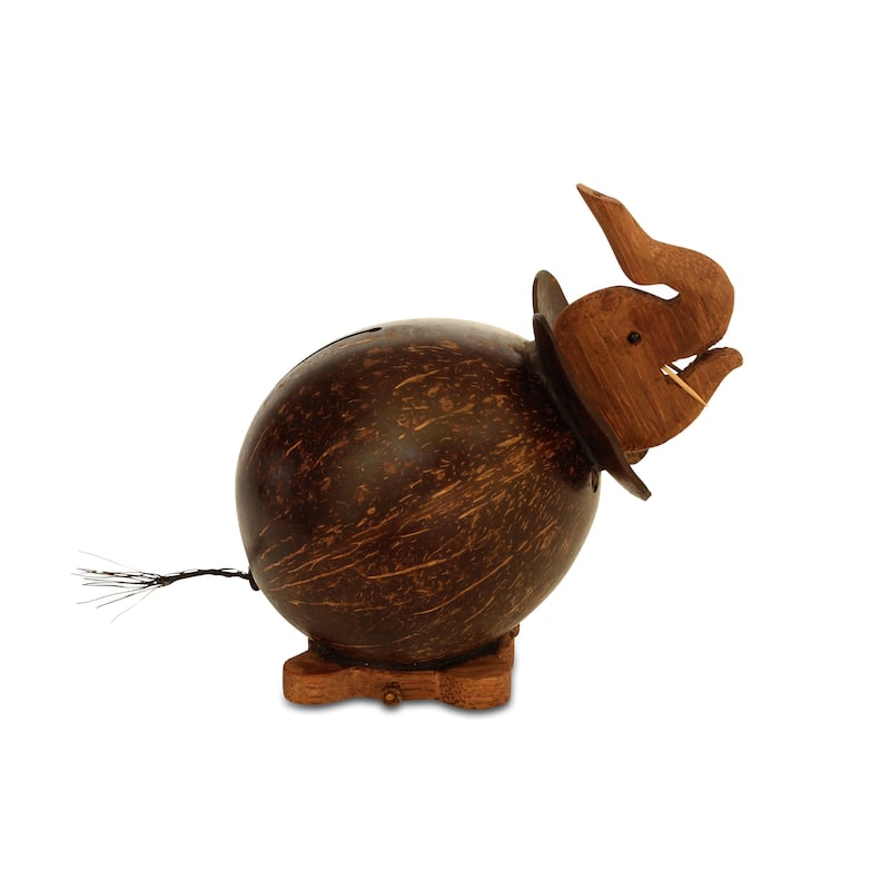 Unique Handmade Coconut Shell Wood Elephant Coin Piggy Bank Handcrafted Wooden Rustic Hand Carved Keepsake Saving Money