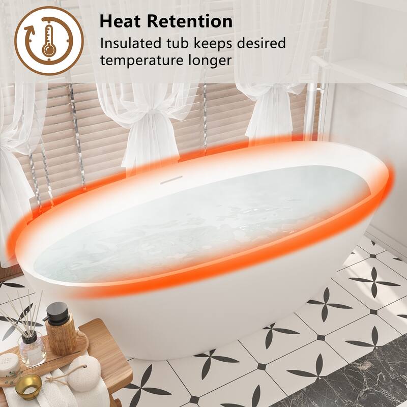 CASAINC Soaking Bathtub Solid Surface Stone Bathtub with Center Drain in Matte White