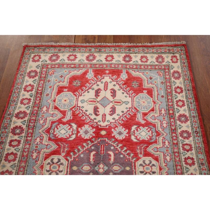 Geometric Red Kazak Accent Rug Hand-Knotted Foyer Wool Carpet - 2'10" x 4'3"