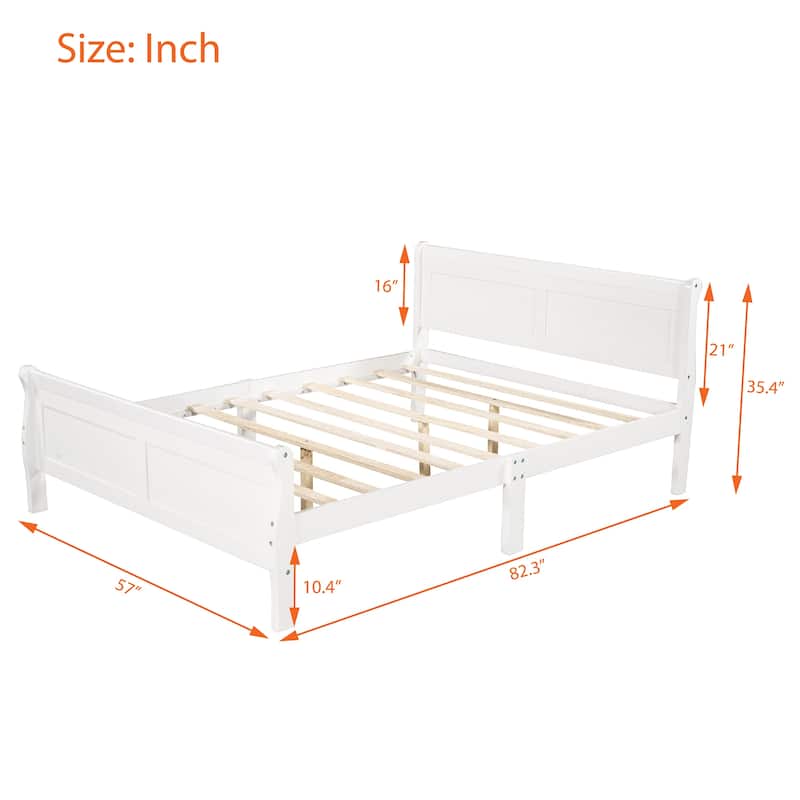 Full Size Wood Platform bed with Headboard and Wooden Slat Support (White)