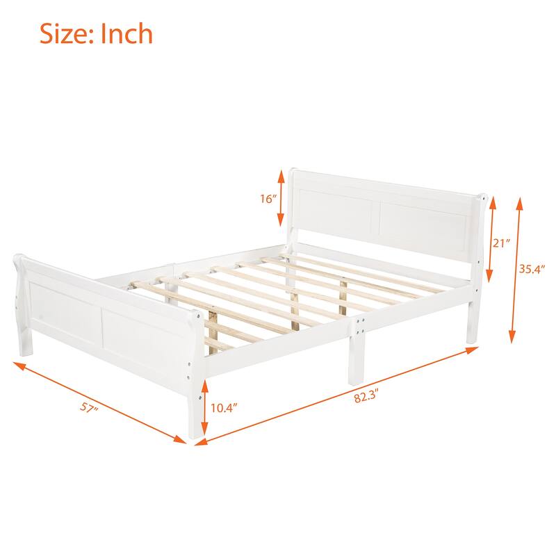 White Full Size Wood Platform Bed with Headboard and Wooden Slat Support