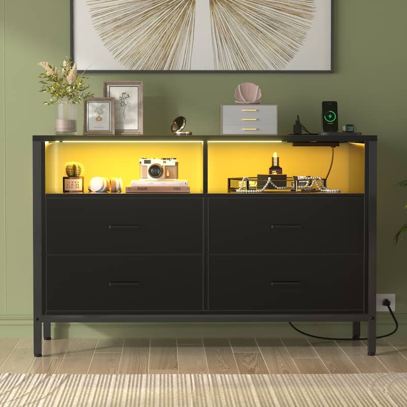 Chest of Drawers with LED Lights and Outlets,Wood Drawer Dresser for Clothes Storage - 4-drawer - Black
