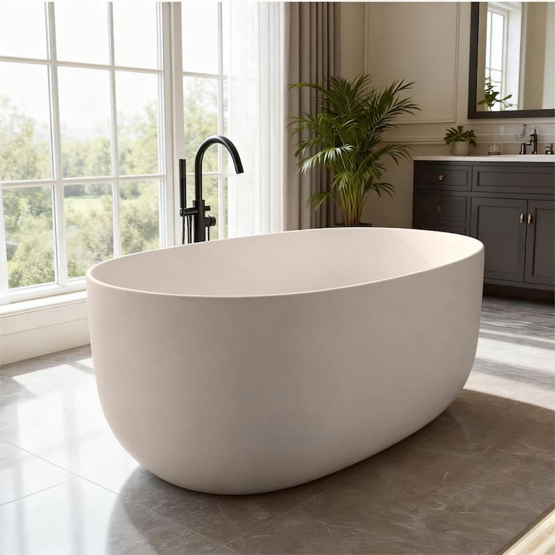 Solid Surface Freestanding Soaking Bathtub with Center Drain and Pop-up Drain, Modern Tubs with Overflow - 51.00 in. x 25.60 in. x 19.30 - Beige