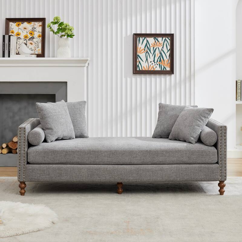 75.2"Wide Upholstered Chaise Lounge with Nailheads, Sleeper Sofa Couch With 4 Throw Pillows & 2 Bolsters, Rubberwood Legs - Grey
