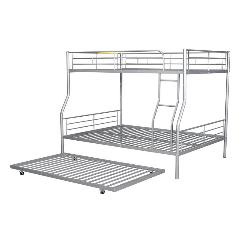 Metal Bunk Bed with Trundle and Guardrail, Convertible to Two Beds