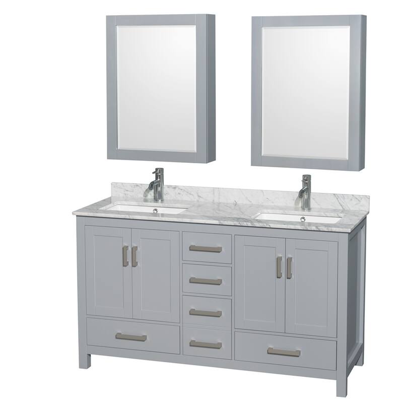 Wyndham Collection Sheffield Double Vanity Set, Medicine Cabinets - 60-Inch Double - Gray, White Carrara Marble Top, Chrome Trim